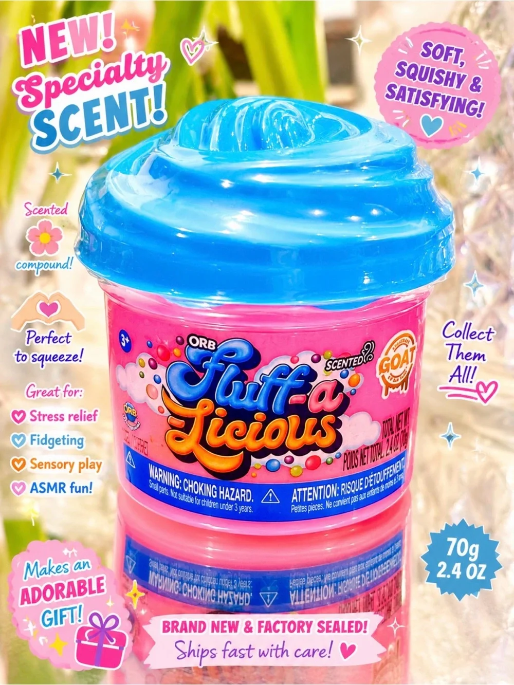 NEW ORB GOAT Fluff-a-Licious Scented Sensory Slime Compound Pink Sealed 2.4 oz